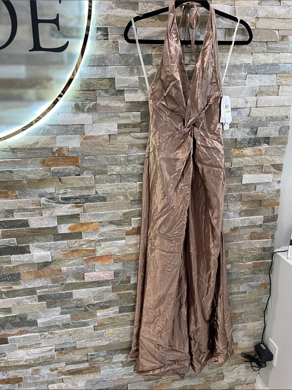 Jessica McClintock Metallic Bronze Halter Gown